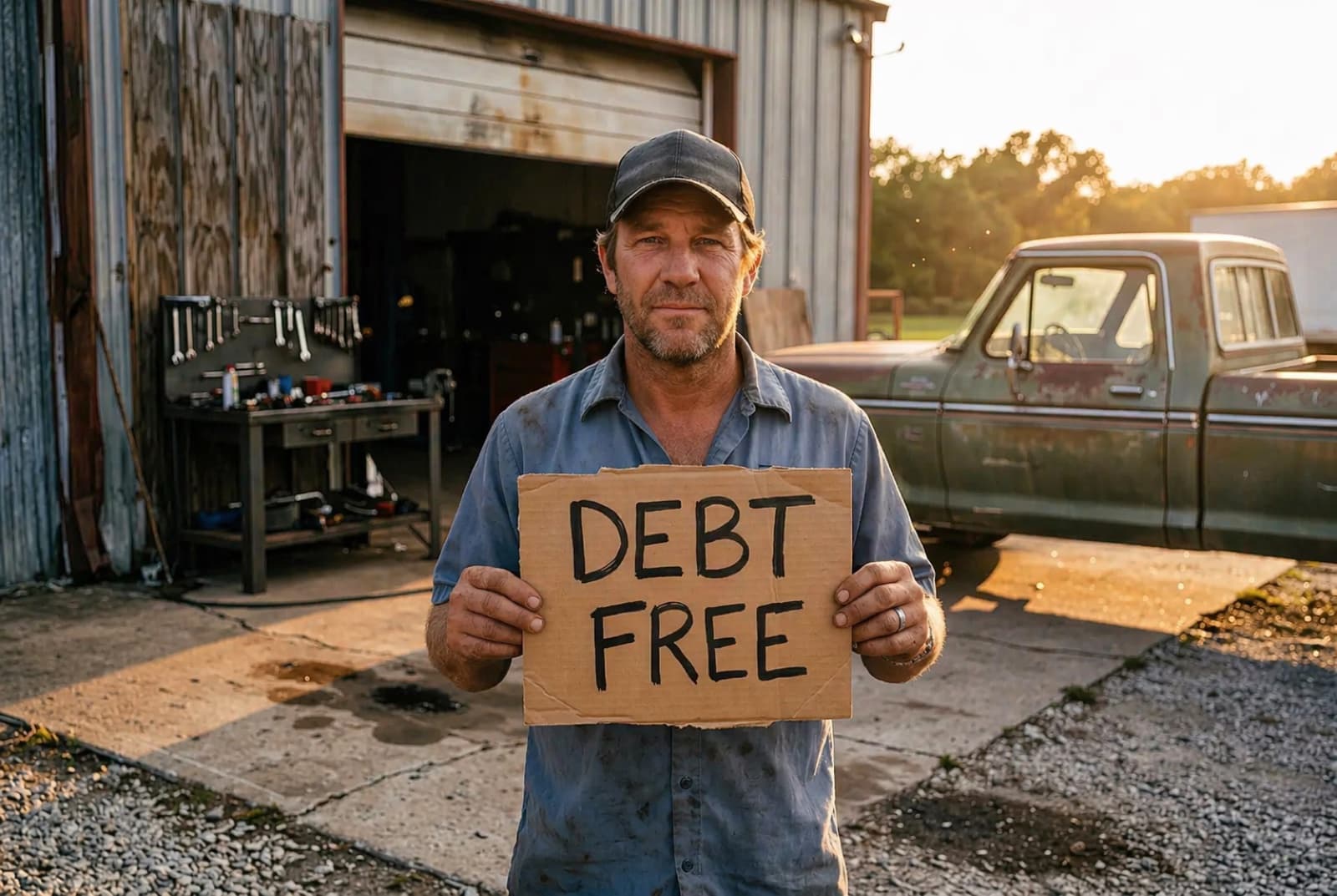 A mechanic standing outside his shop at sunset holding a cardboard sign that reads Debt Free